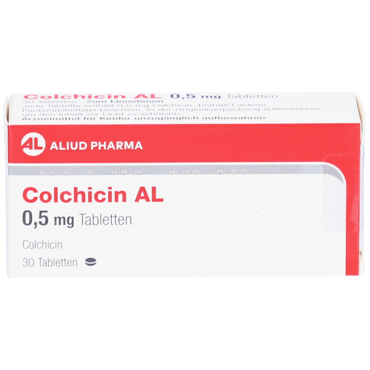 Schachtel mit COLCHICIN AL 0,5 mg Tabletten. Rote und weiße Verpackung. Text: AL, Aliud Pharma, 30 Tabletten.