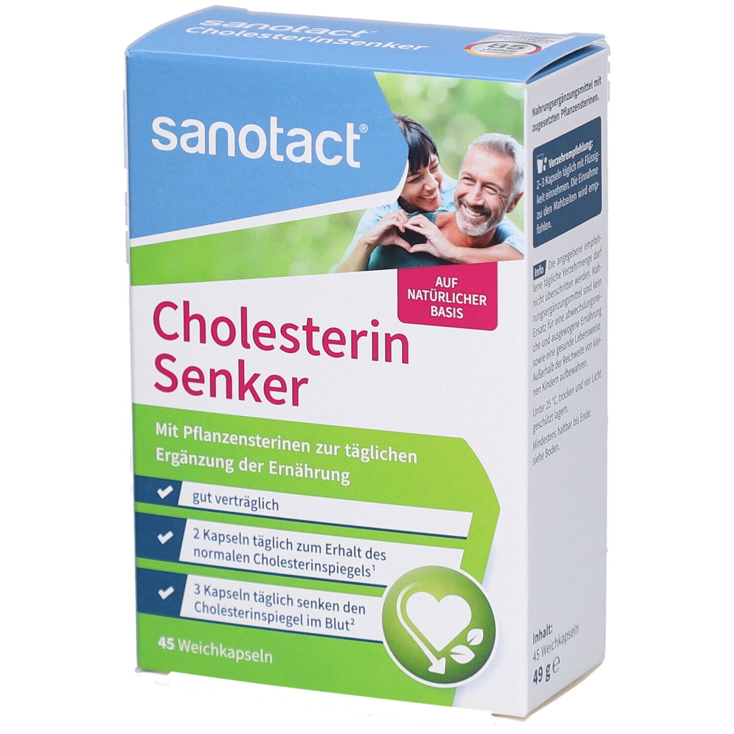 Karton sanotact® Cholesterin Senker. Blaue, weiße und grüne Verpackung. Enthält 45 Weichkapseln. Aufschrift: Cholesterin Senker.