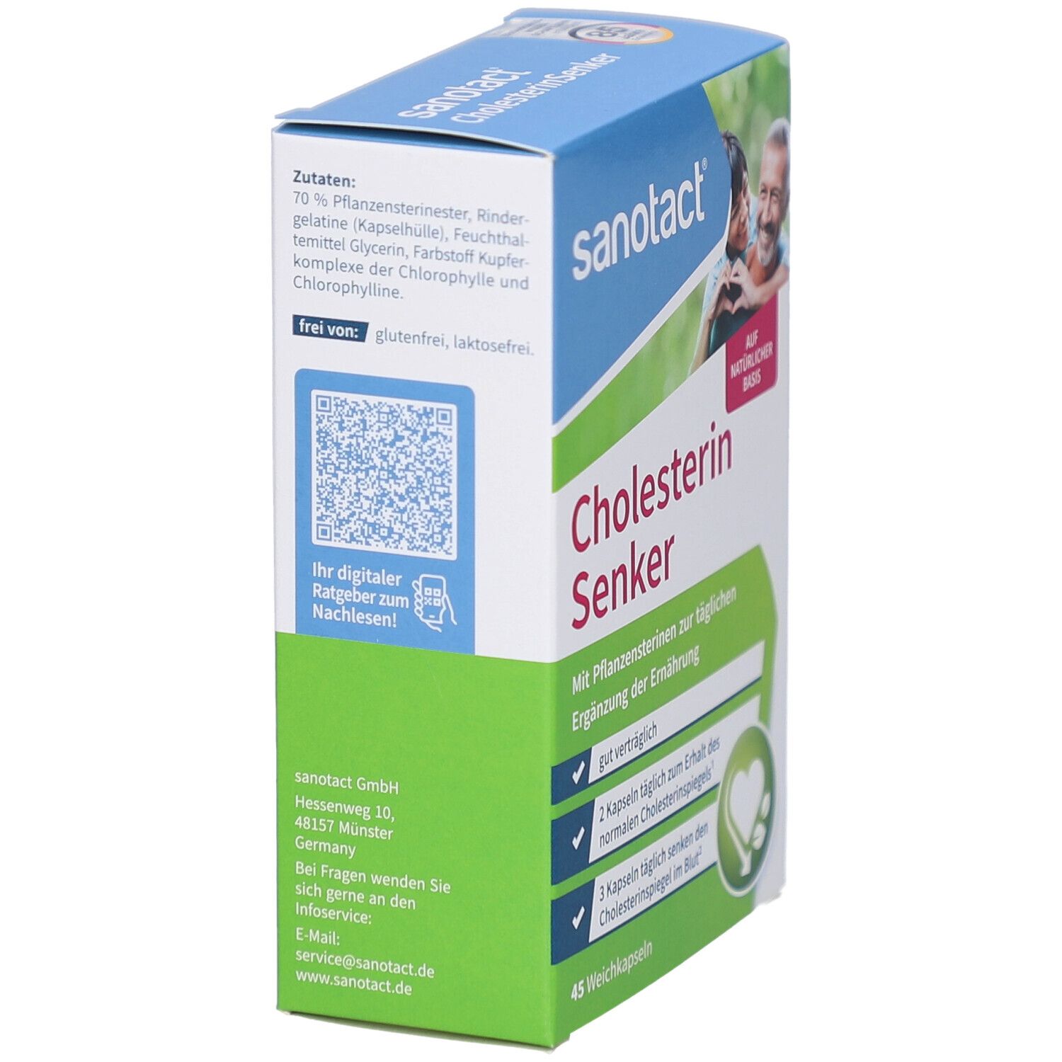 Seitenansicht der Verpackung von sanotact® Cholesterin Senker. Blaue, weiße und grüne Farben. QR-Code und Produktinformationen.