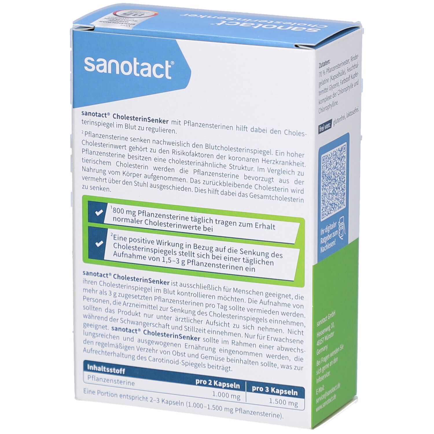 Rückseite der Verpackung von sanotact® Cholesterin Senker. Textinformationen über das Produkt und Inhaltsstoffe.