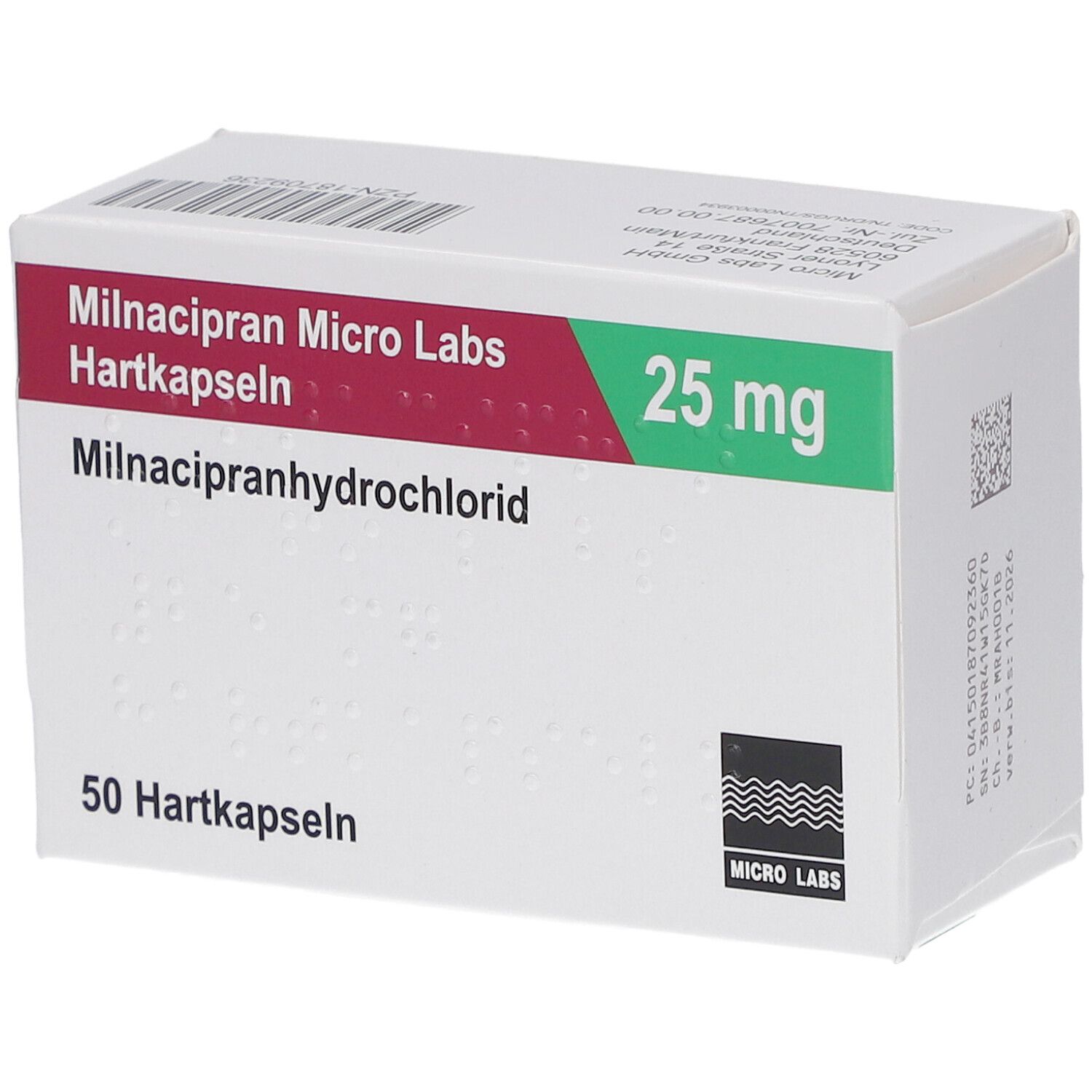 Schachtel mit MILNACIPRAN Micro Labs 25 mg Hartkapseln. Aufschrift: 50 Hartkapseln. Logo Micro Labs.