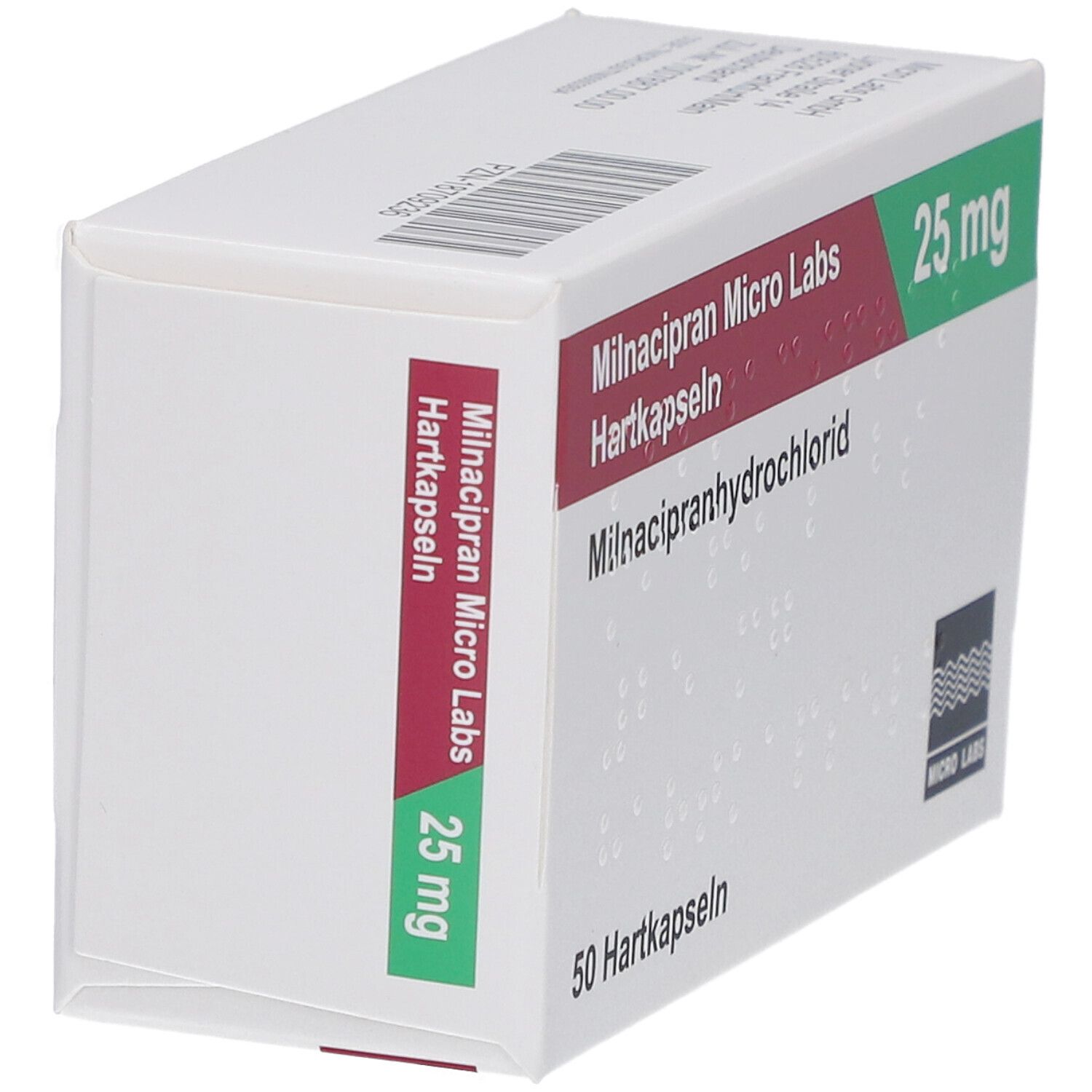 Schachtel MILNACIPRAN Micro Labs 25 mg Hartkapseln. Aufschrift: 25 mg. Logo Micro Labs. Seitenansicht.