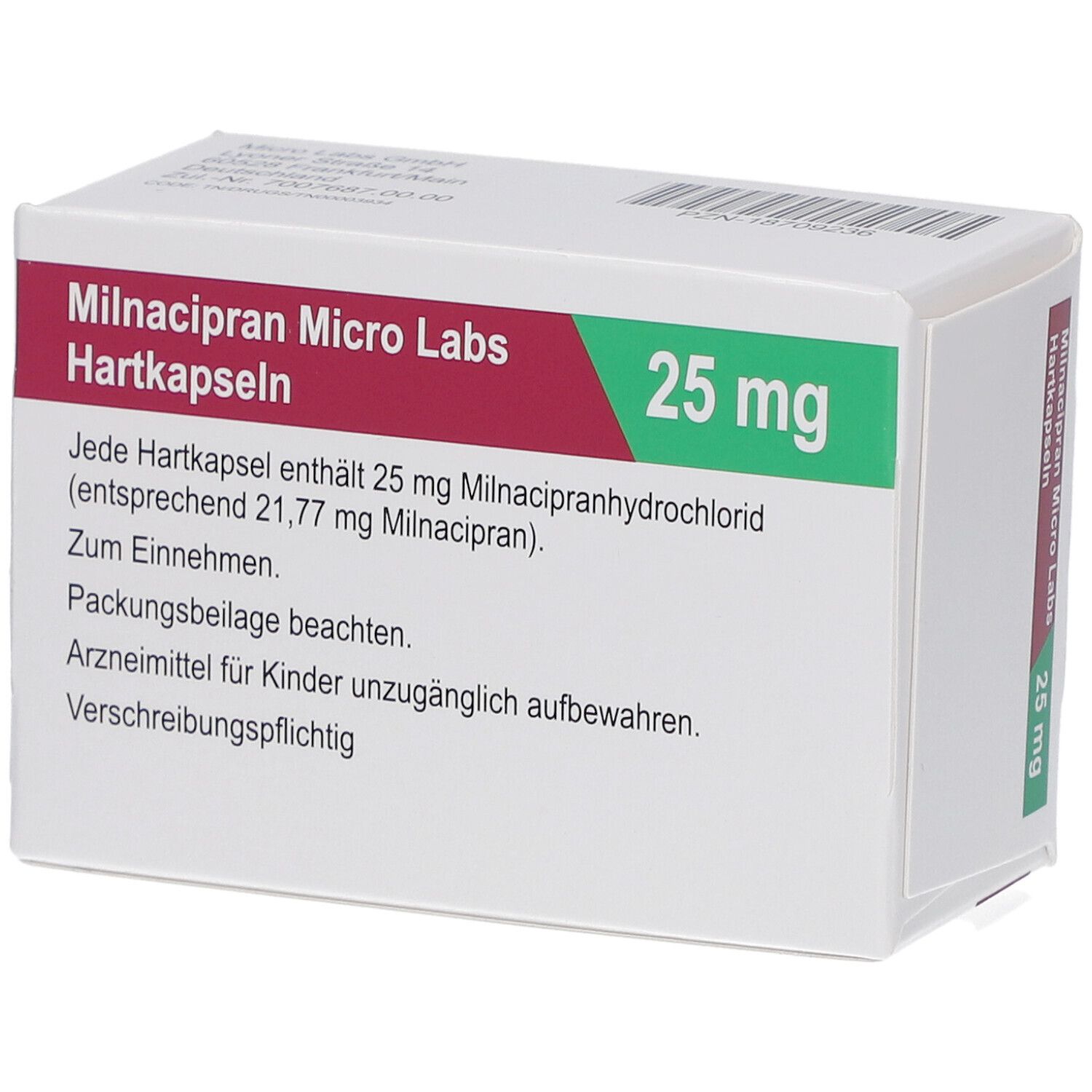 Schachtel MILNACIPRAN Micro Labs 25 mg Hartkapseln. Text: 25 mg, Packungsbeilage beachten. Seitenansicht.