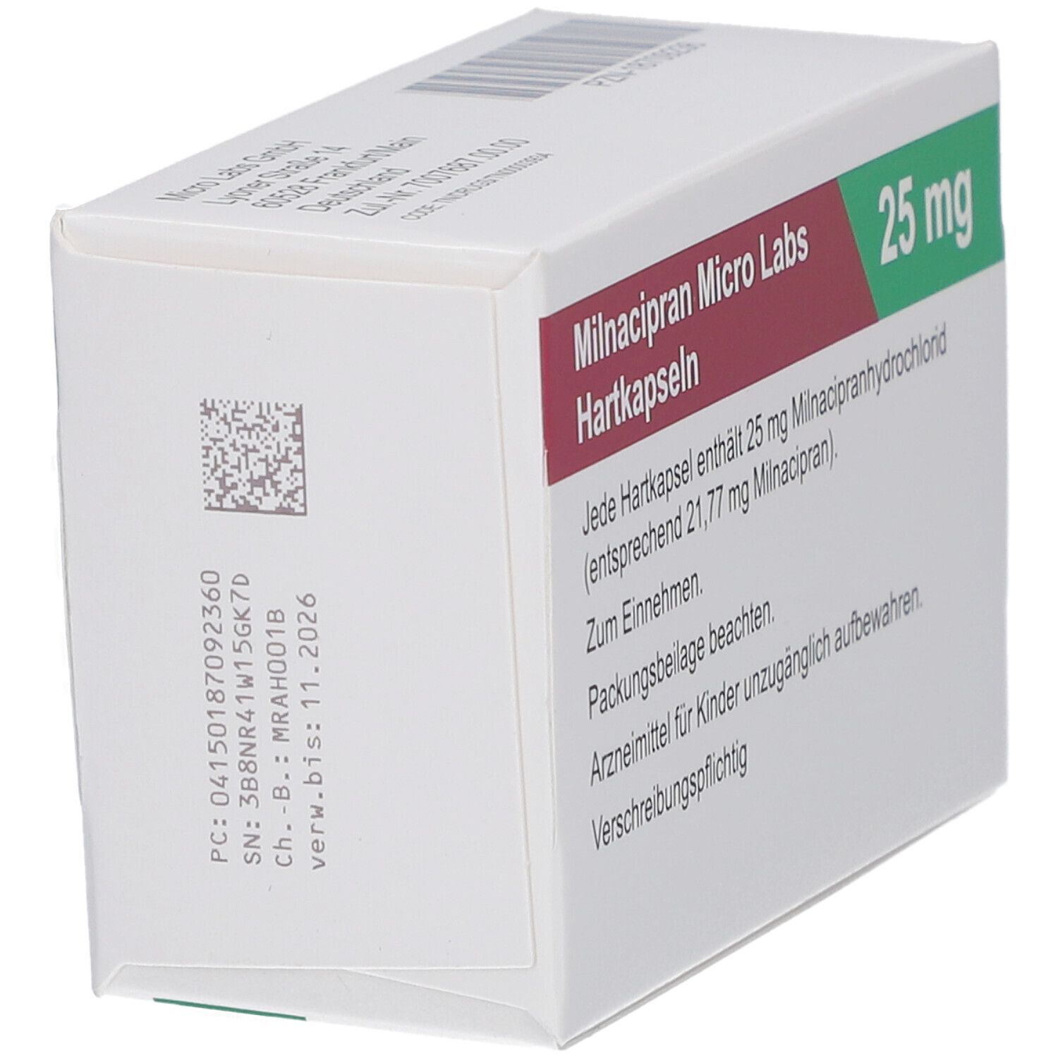 Schachtel MILNACIPRAN Micro Labs 25 mg Hartkapseln. Text: Packungsbeilage beachten. Rückseite.