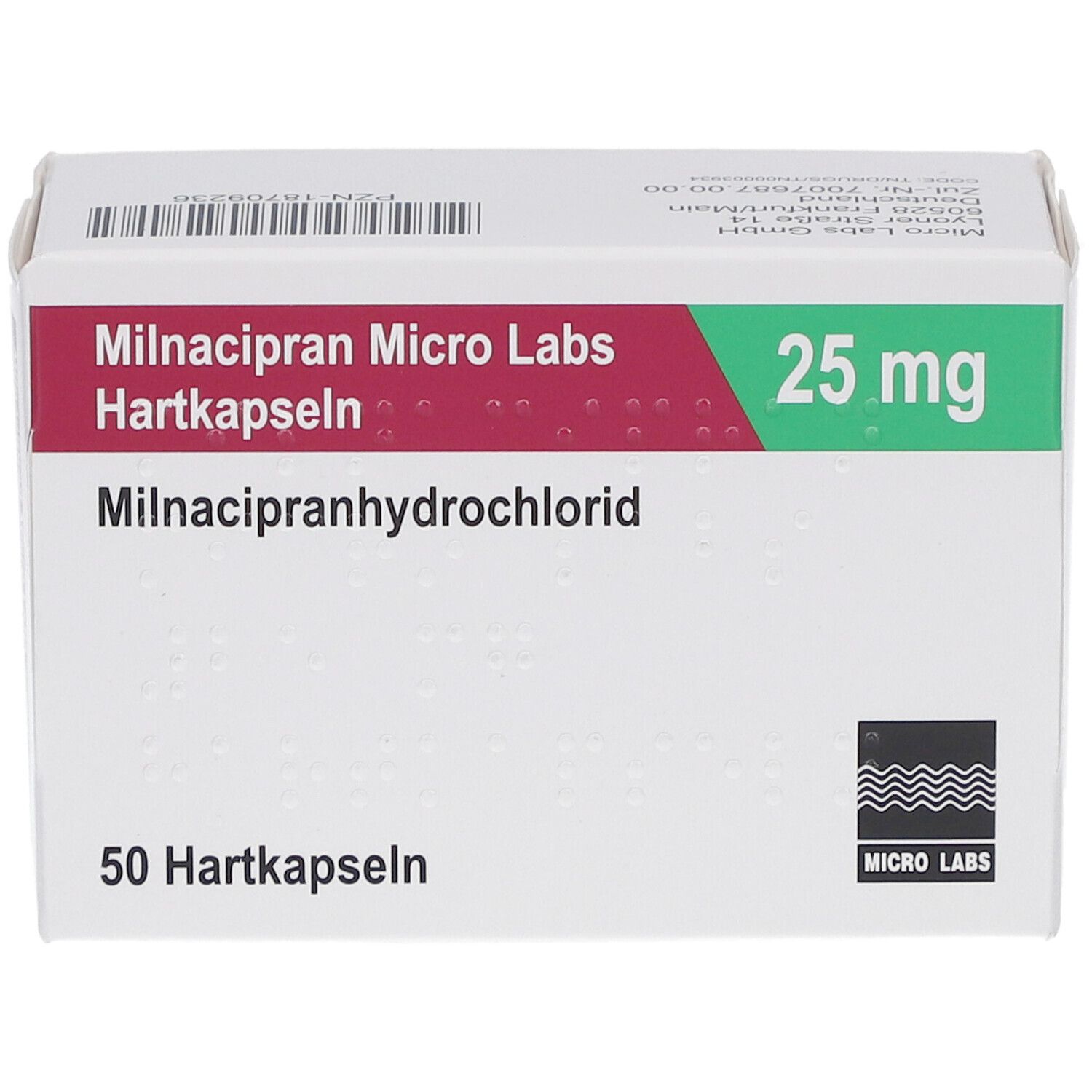Schachtel MILNACIPRAN Micro Labs 25 mg Hartkapseln. Aufschrift: 50 Hartkapseln. Logo Micro Labs.