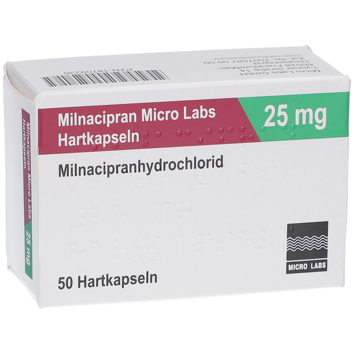 Schachtel MILNACIPRAN Micro Labs 25 mg Hartkapseln. Aufschrift: 50 Hartkapseln. Logo Micro Labs. Seitenansicht.