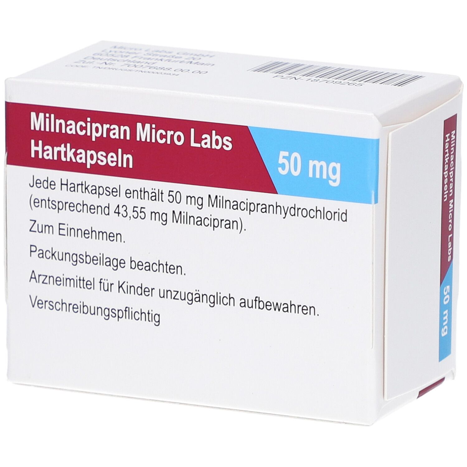 Schachtel mit Aufschrift 'Milnacipran Micro Labs Hartkapseln 50 mg'. Textinformationen auf der Verpackung.