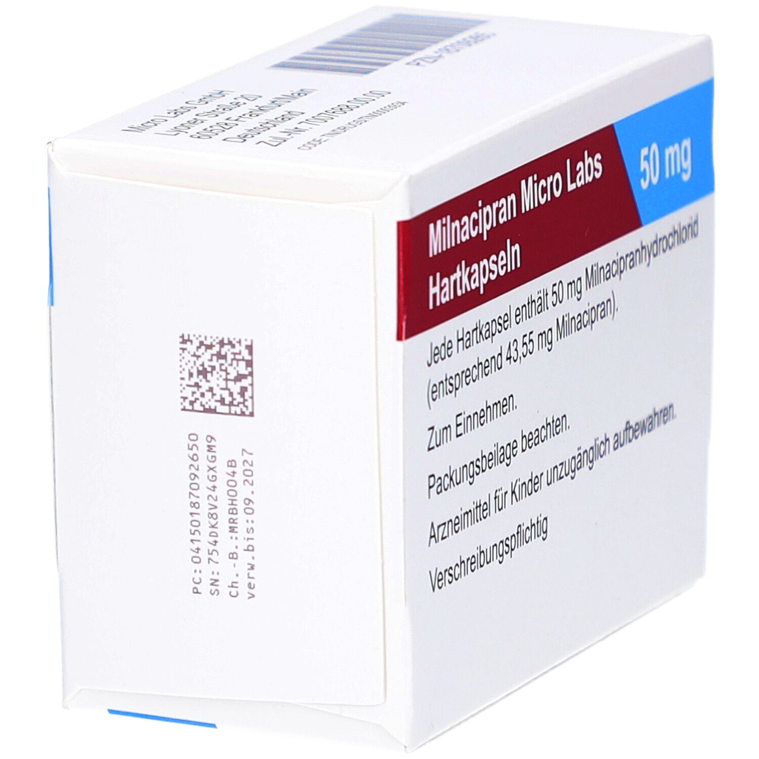 Weiße Schachtel mit roter und blauer Beschriftung. 'Milnacipran Micro Labs Hartkapseln 50 mg' ist sichtbar.