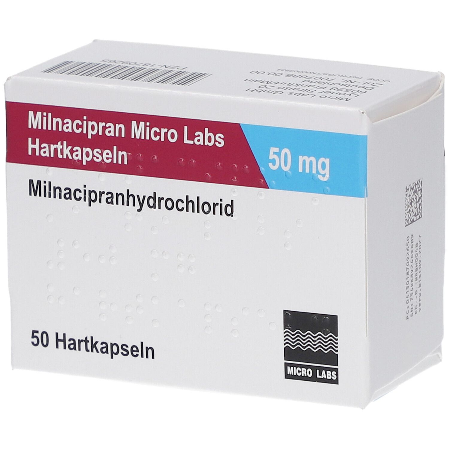 Schachtel mit 'Milnacipran Micro Labs Hartkapseln 50 mg'. Enthält 50 Hartkapseln. Logo von Micro Labs.