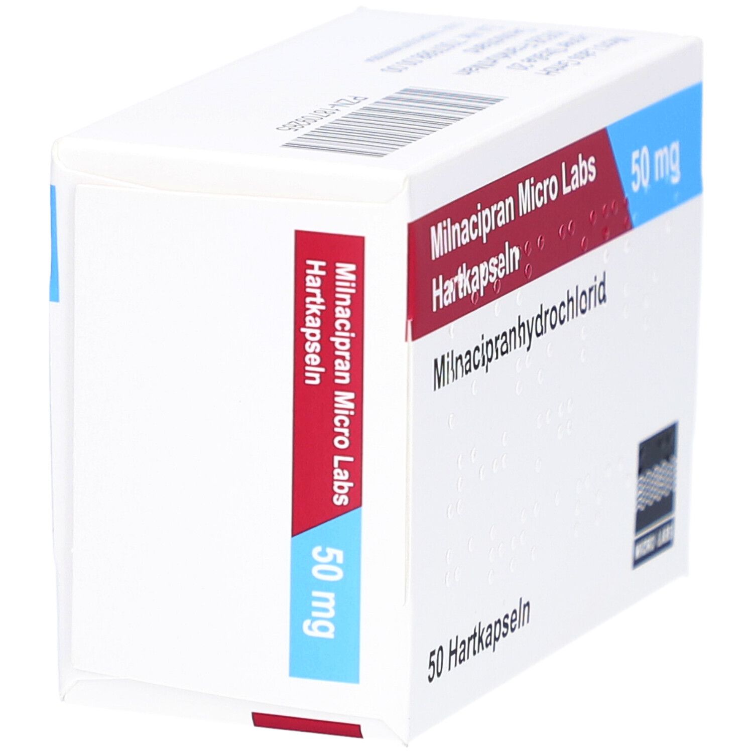 Schachtel mit 'Milnacipran Micro Labs Hartkapseln 50 mg'. Rote und blaue Beschriftung. 50 Hartkapseln.