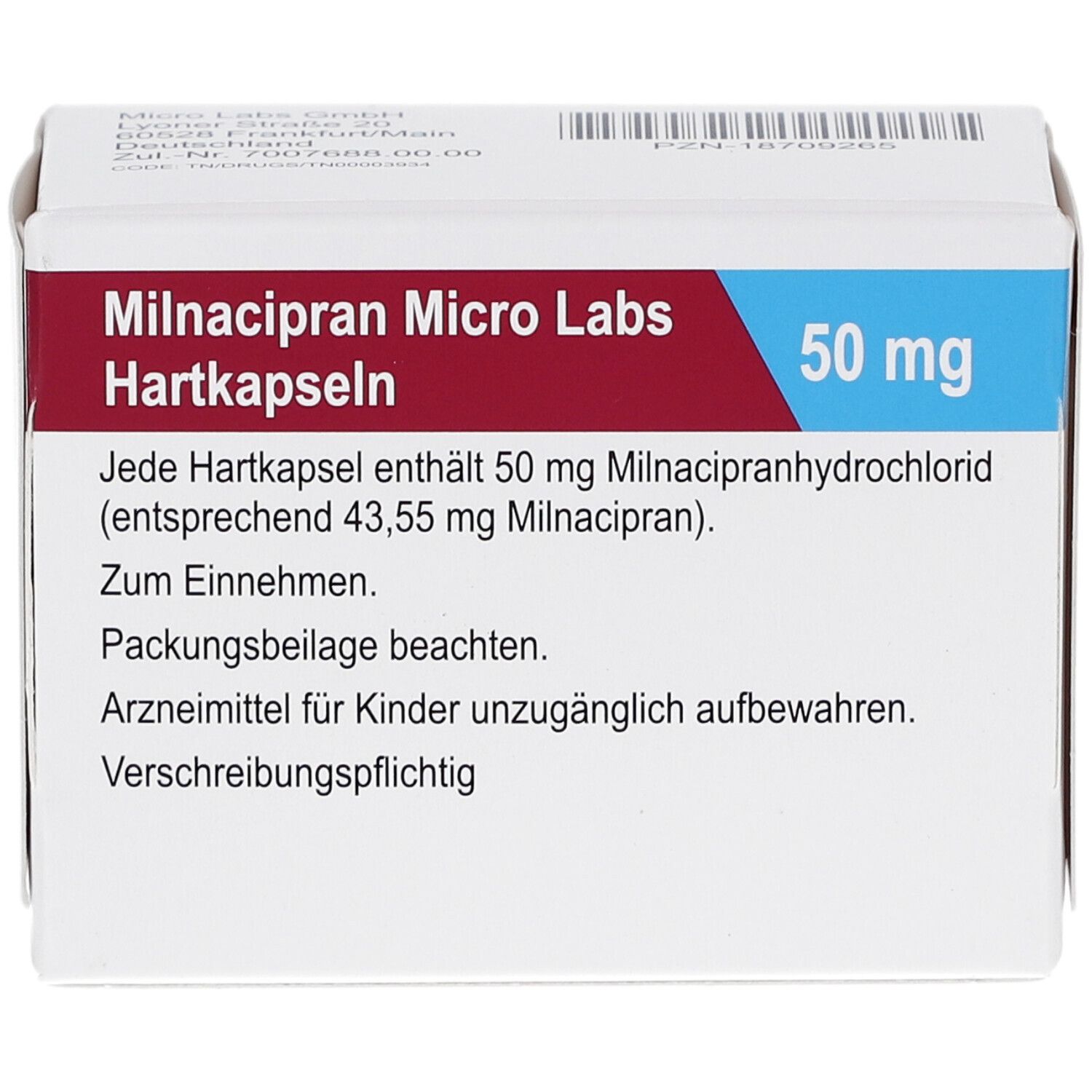 Schachtel mit 'Milnacipran Micro Labs Hartkapseln 50 mg'. Textinformationen und Dosierungshinweise.