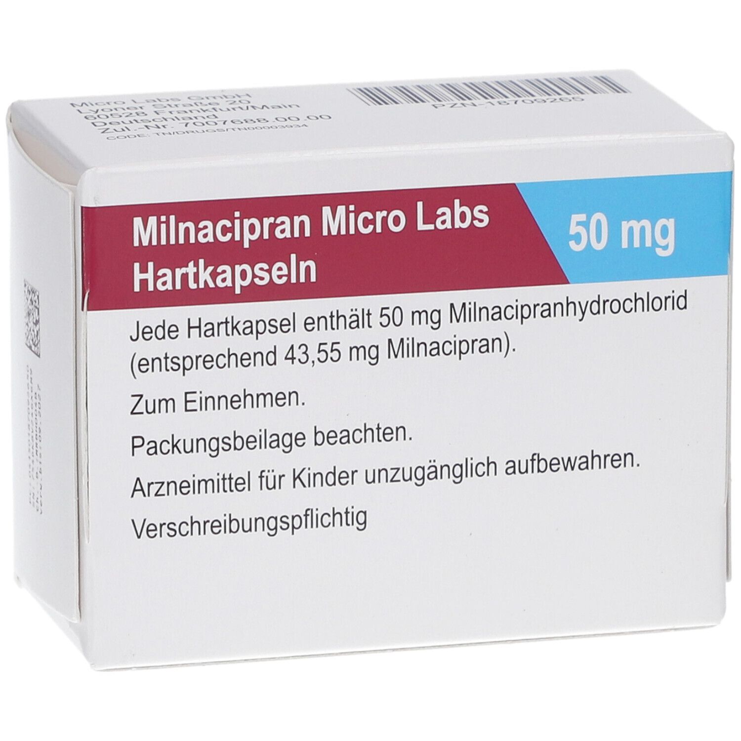 Schachtel mit 'Milnacipran Micro Labs Hartkapseln 50 mg'. Textinformationen und Dosierungshinweise.