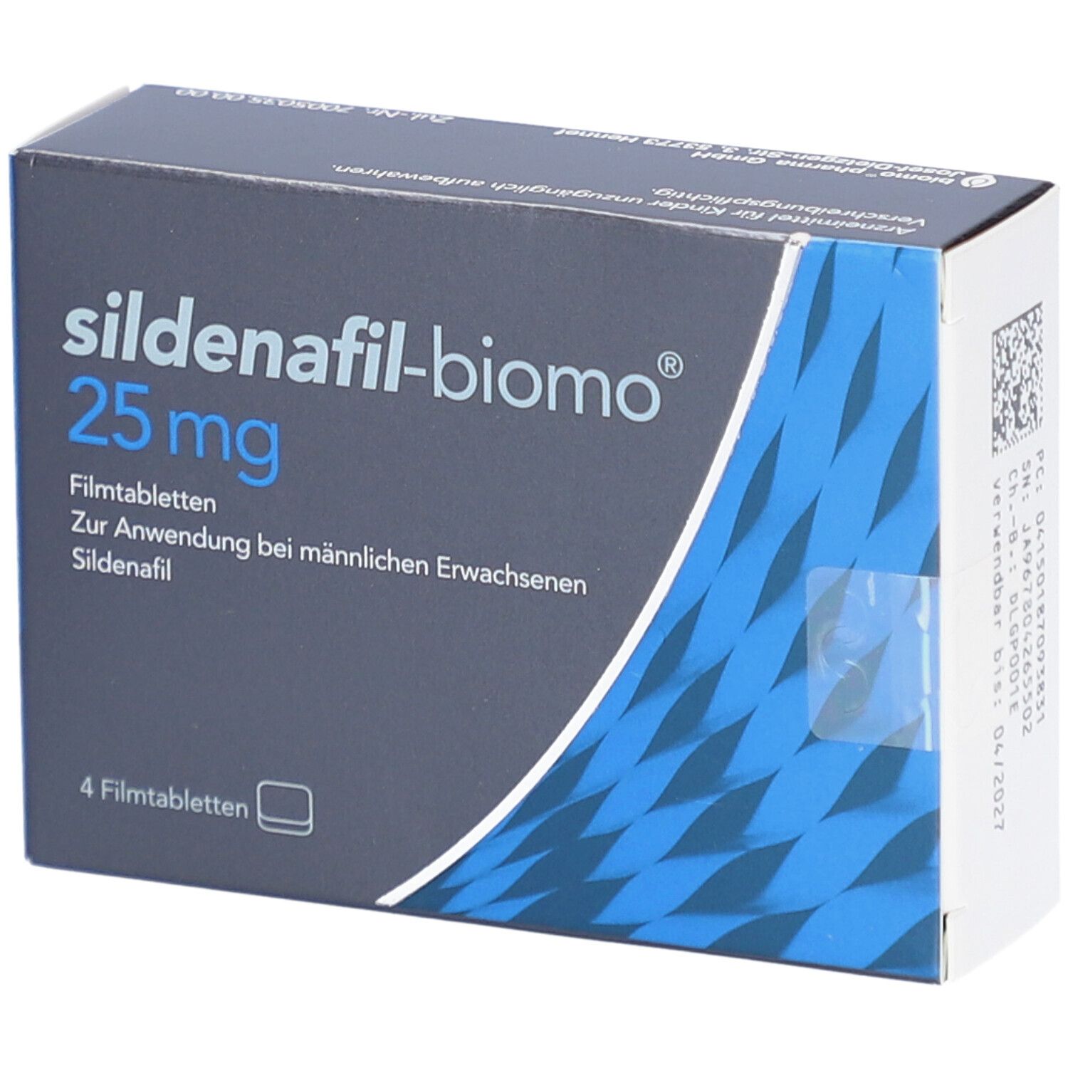 Schachtel SILDENAFIL-biomo 25 mg Filmtabletten. Blaue und weiße Verpackung. Aufschrift: 25 mg, 4 Filmtabletten. Für erwachsene Männer.