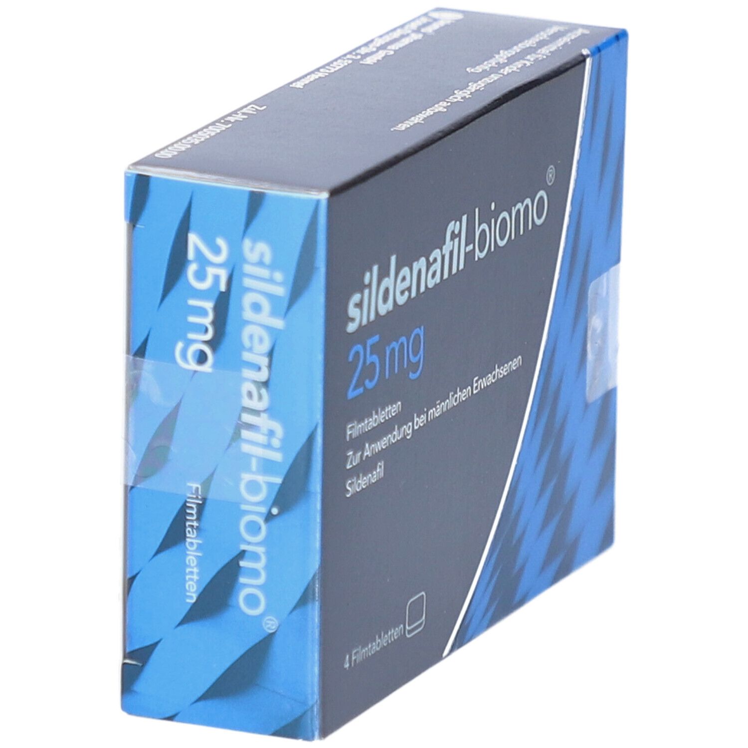 Schachtel SILDENAFIL-biomo 25 mg Filmtabletten. Blaue und weiße Verpackung. Aufschrift: 25 mg, 4 Filmtabletten. Für erwachsene Männer.