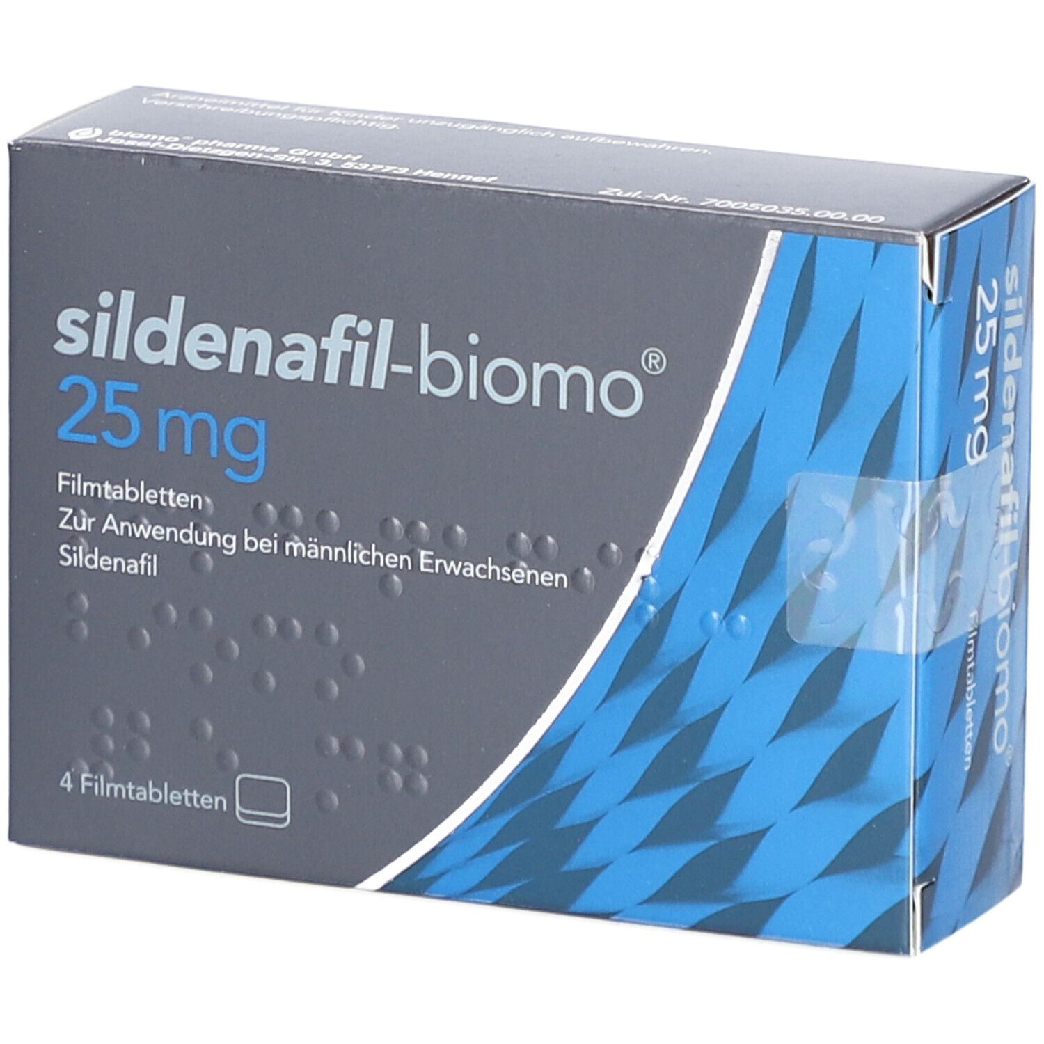 Schachtel SILDENAFIL-biomo 25 mg Filmtabletten. Blaue und weiße Verpackung. Aufschrift: 25 mg, 4 Filmtabletten. Für erwachsene Männer.