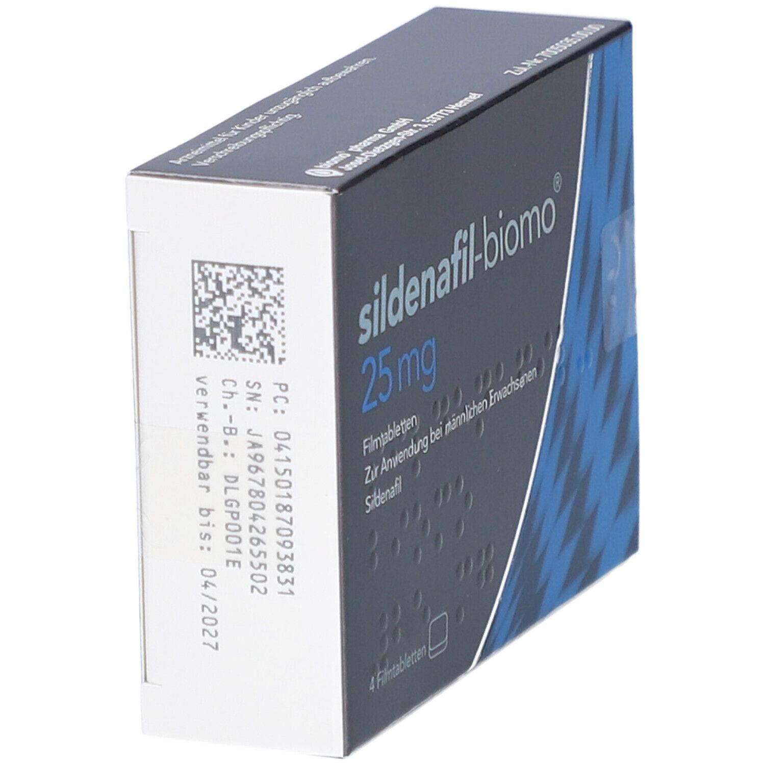 Schachtel SILDENAFIL-biomo 25 mg Filmtabletten. Blaue und weiße Verpackung. Aufschrift: 25 mg, 4 Filmtabletten. Für erwachsene Männer.
