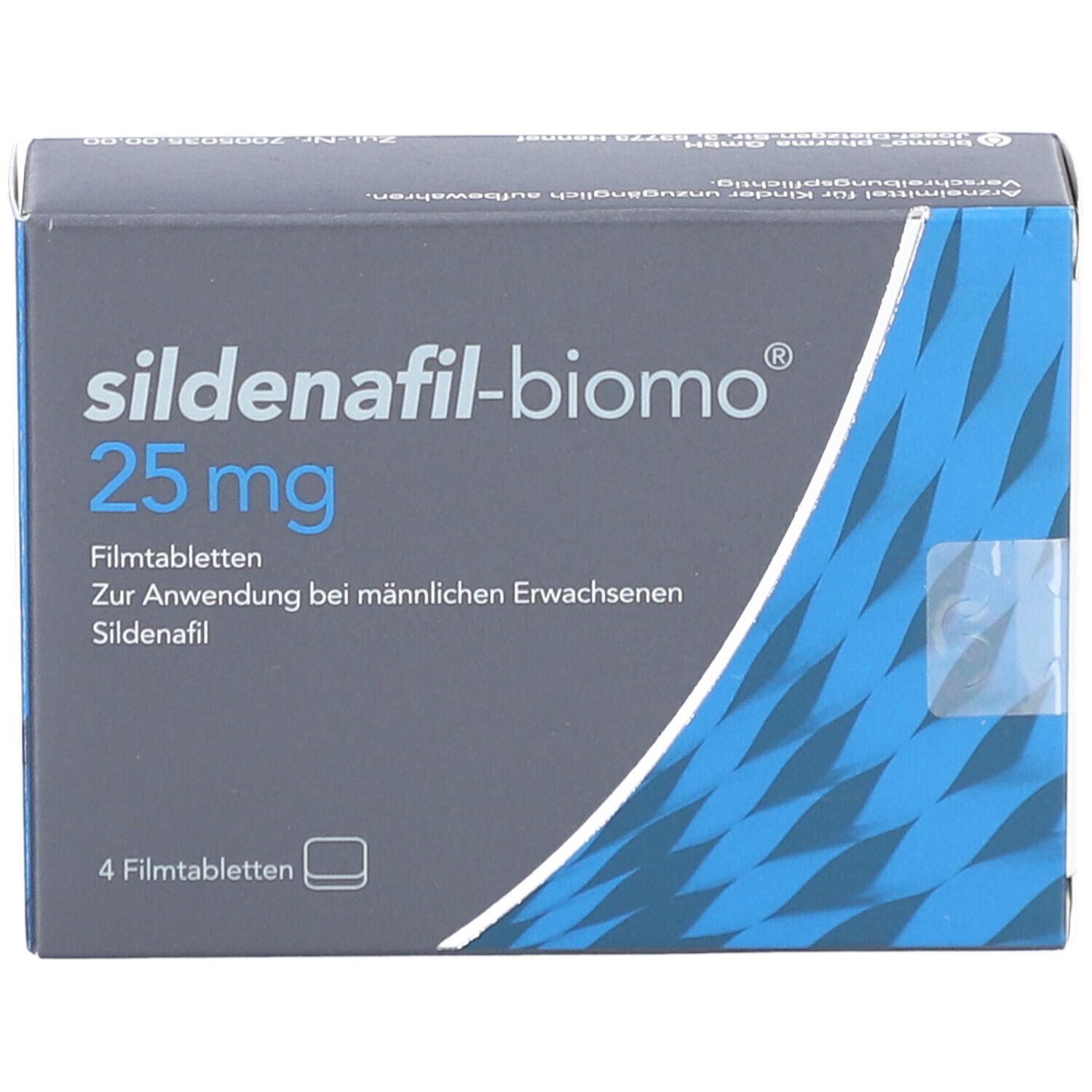 Schachtel SILDENAFIL-biomo 25 mg Filmtabletten. Blaue und weiße Verpackung. Enthält 4 Filmtabletten. Aufschrift: Sildenafil.