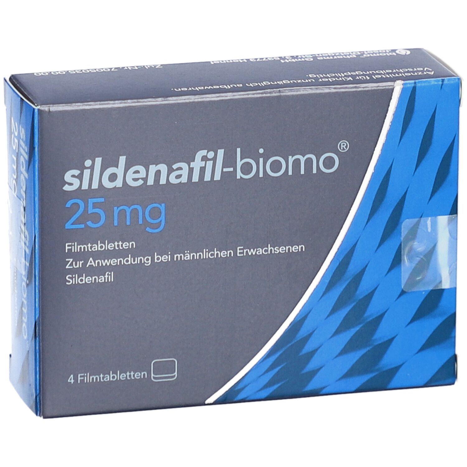 Schachtel SILDENAFIL-biomo 25 mg Filmtabletten. Blaue und weiße Verpackung. Aufschrift: 25 mg, 4 Filmtabletten. Für erwachsene Männer.