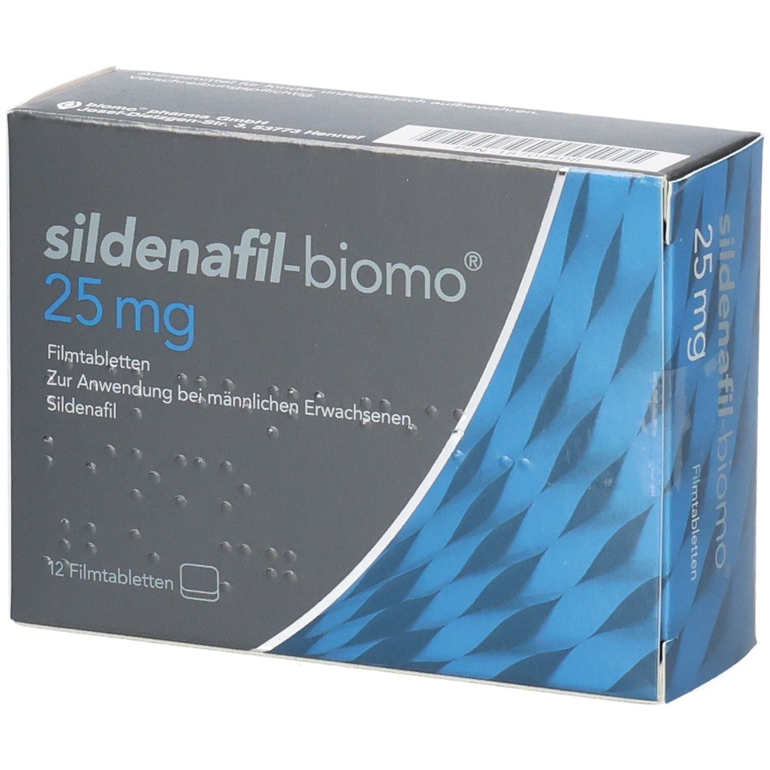 Schachtel mit SILDENAFIL-biomo 25 mg Filmtabletten. Aufschrift: 25 mg, 12 Filmtabletten. Blaue und graue Farbgebung.