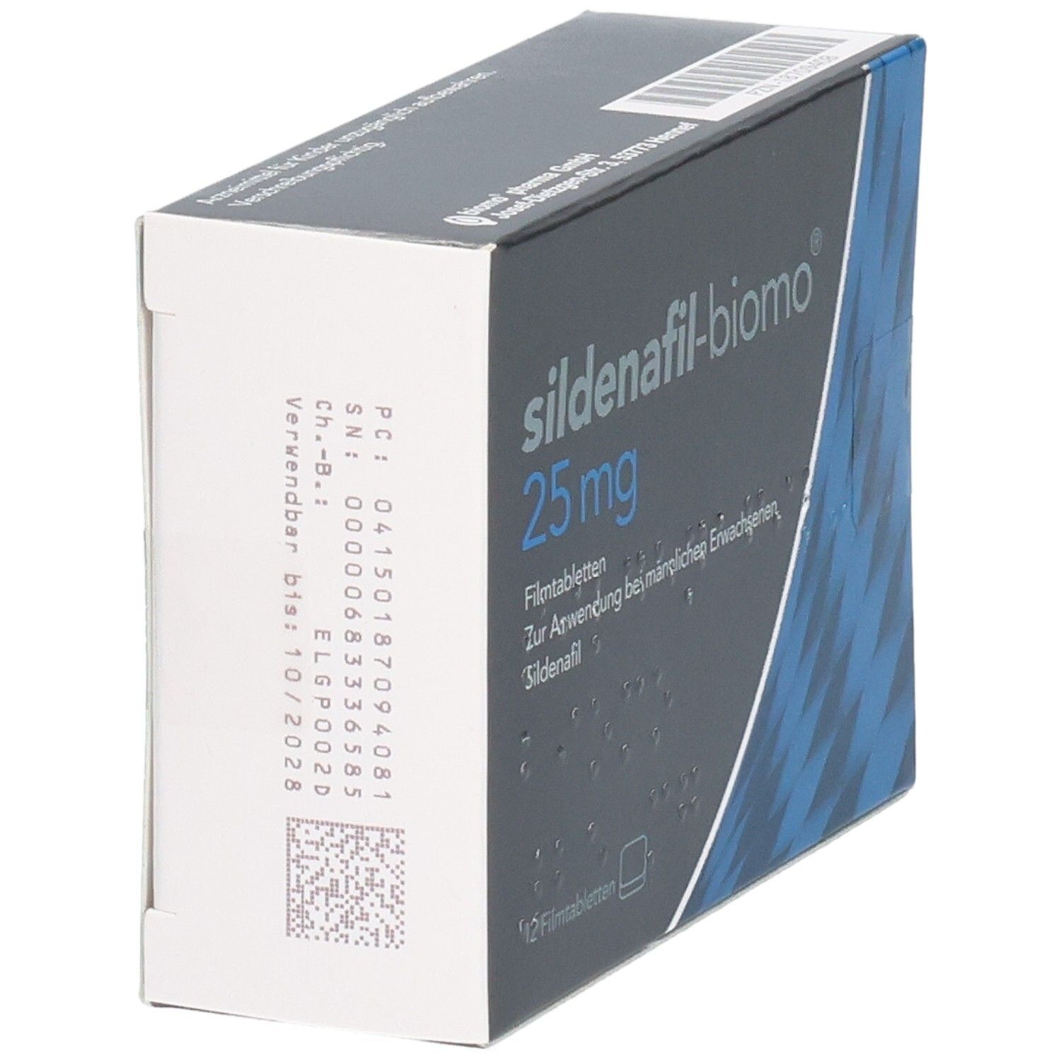 Schachtel SILDENAFIL-biomo 25 mg. Seitenansicht mit Text und Barcode. Aufschrift: 25 mg, 12 Filmtabletten.