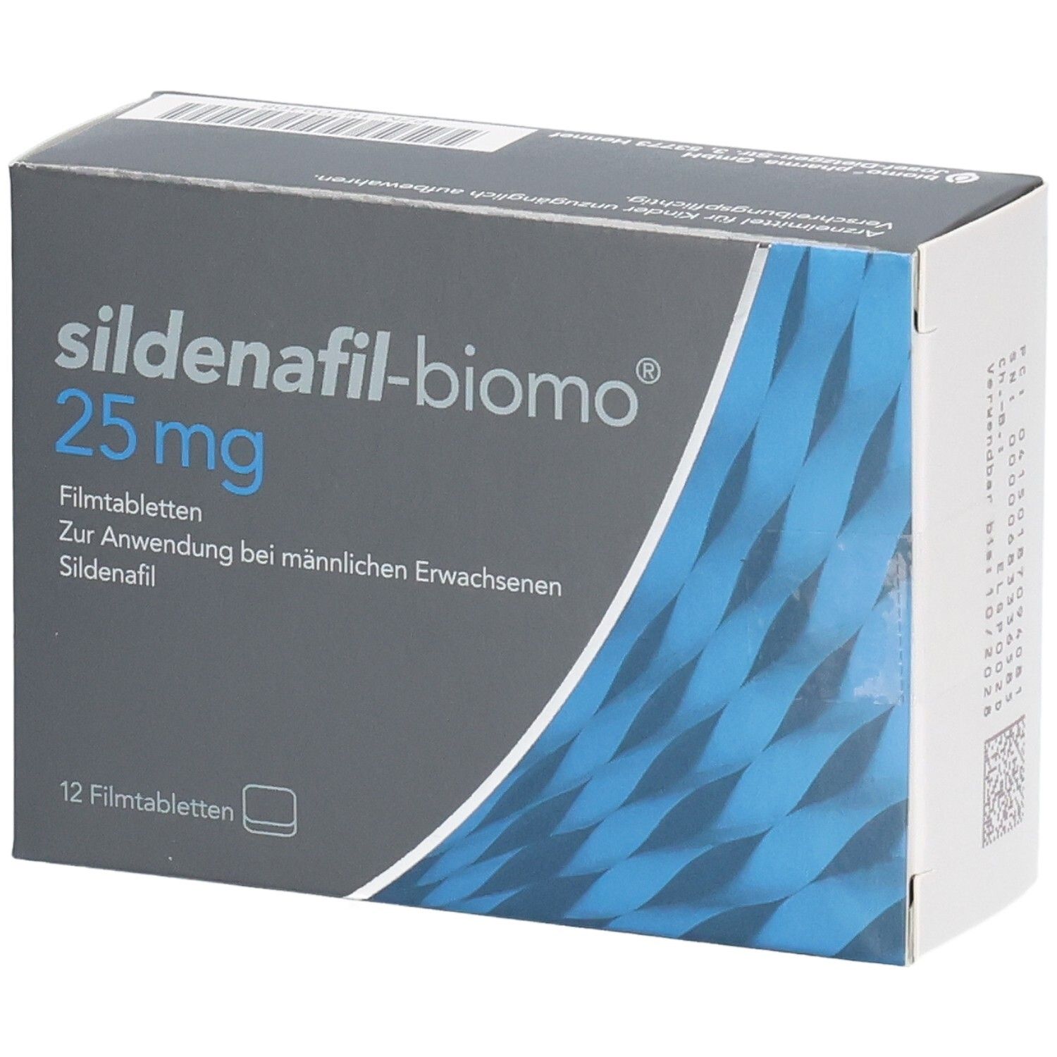 Schachtel mit SILDENAFIL-biomo 25 mg Filmtabletten. Aufschrift: 25 mg, 12 Filmtabletten. Graue und blaue Farbgebung.