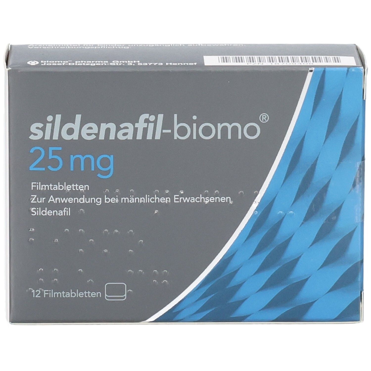 Schachtel mit SILDENAFIL-biomo 25 mg Filmtabletten. Aufschrift: 25 mg, 12 Filmtabletten. Graue und blaue Farbgebung.