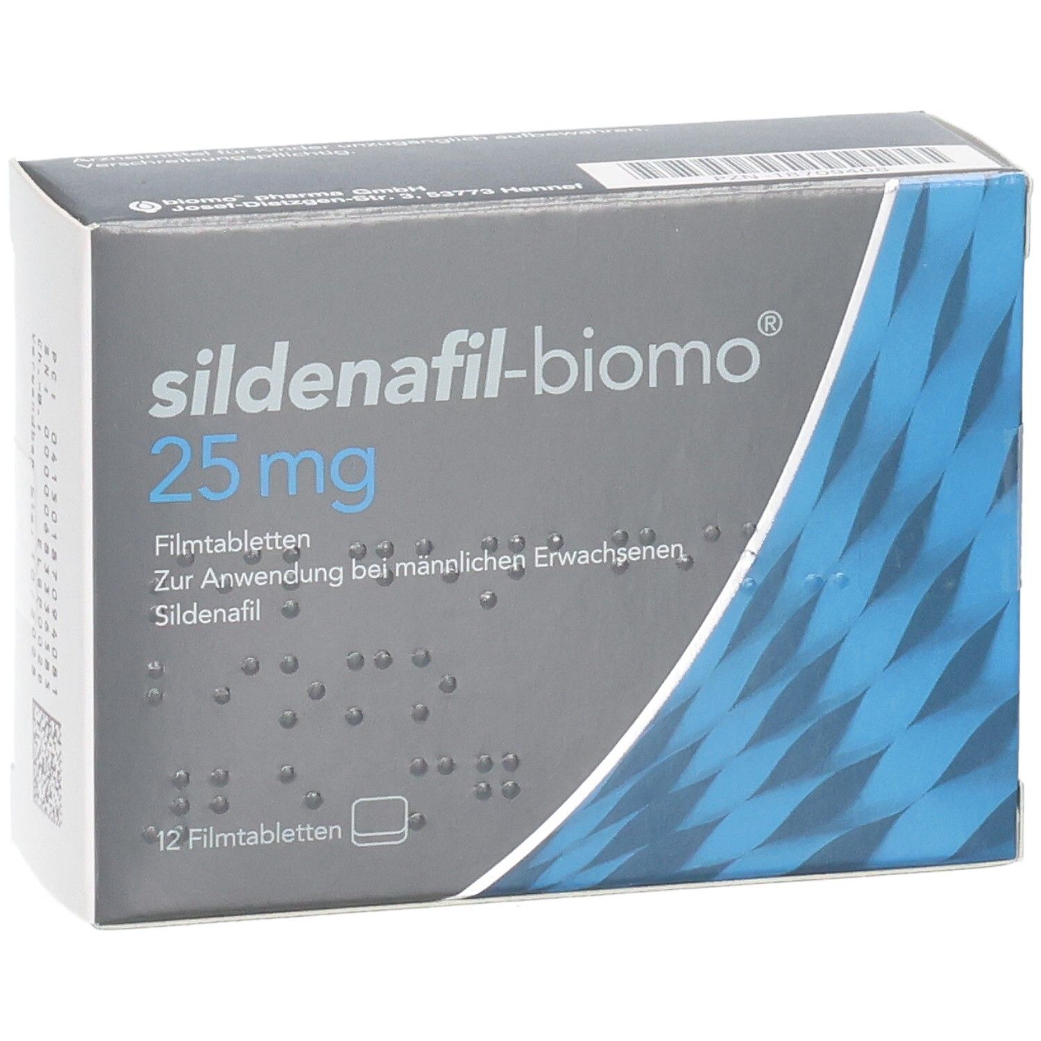 Schachtel mit SILDENAFIL-biomo 25 mg Filmtabletten. Aufschrift: 25 mg, 12 Filmtabletten. Graue und blaue Farbgebung.