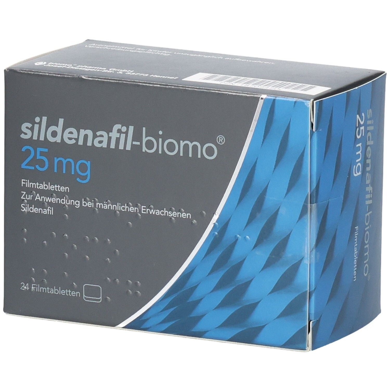 Schachtel mit SILDENAFIL-biomo 25 mg Filmtabletten. Blaue und graue Verpackung. Schriftzug und Dosierung deutlich sichtbar.