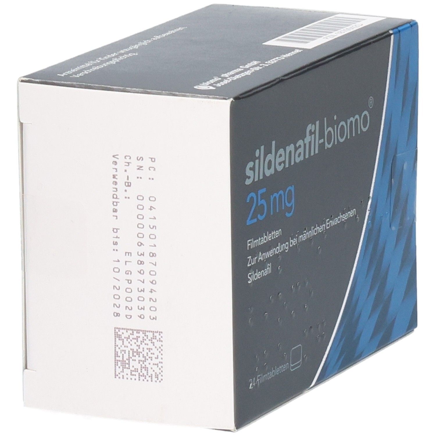 Schachtel SILDENAFIL-biomo 25 mg. Rückseite mit Informationen und Barcode. Graue und blaue Verpackung.