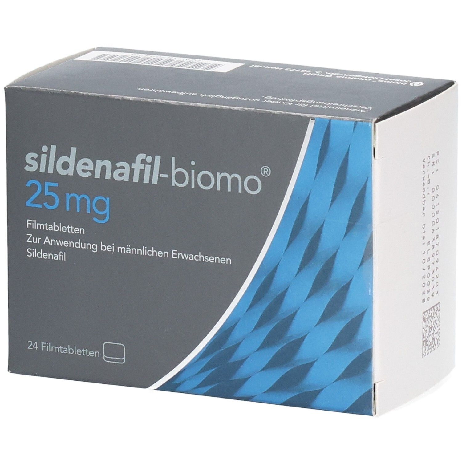 Schachtel SILDENAFIL-biomo 25 mg. Graue und blaue Verpackung. Schriftzug und Dosierung deutlich sichtbar.