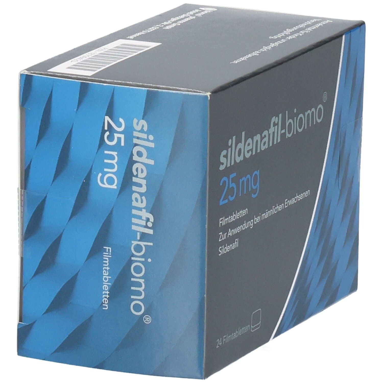 Schachtel SILDENAFIL-biomo 25 mg. Graue und blaue Verpackung. Schriftzug und Dosierung deutlich sichtbar.