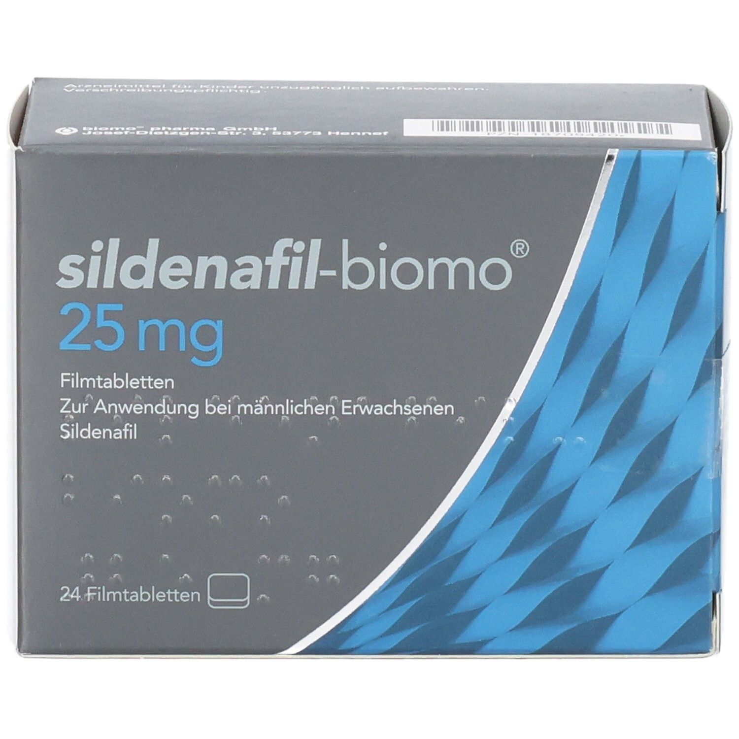 Schachtel SILDENAFIL-biomo 25 mg. Graue und blaue Verpackung. Schriftzug und Dosierung deutlich sichtbar.