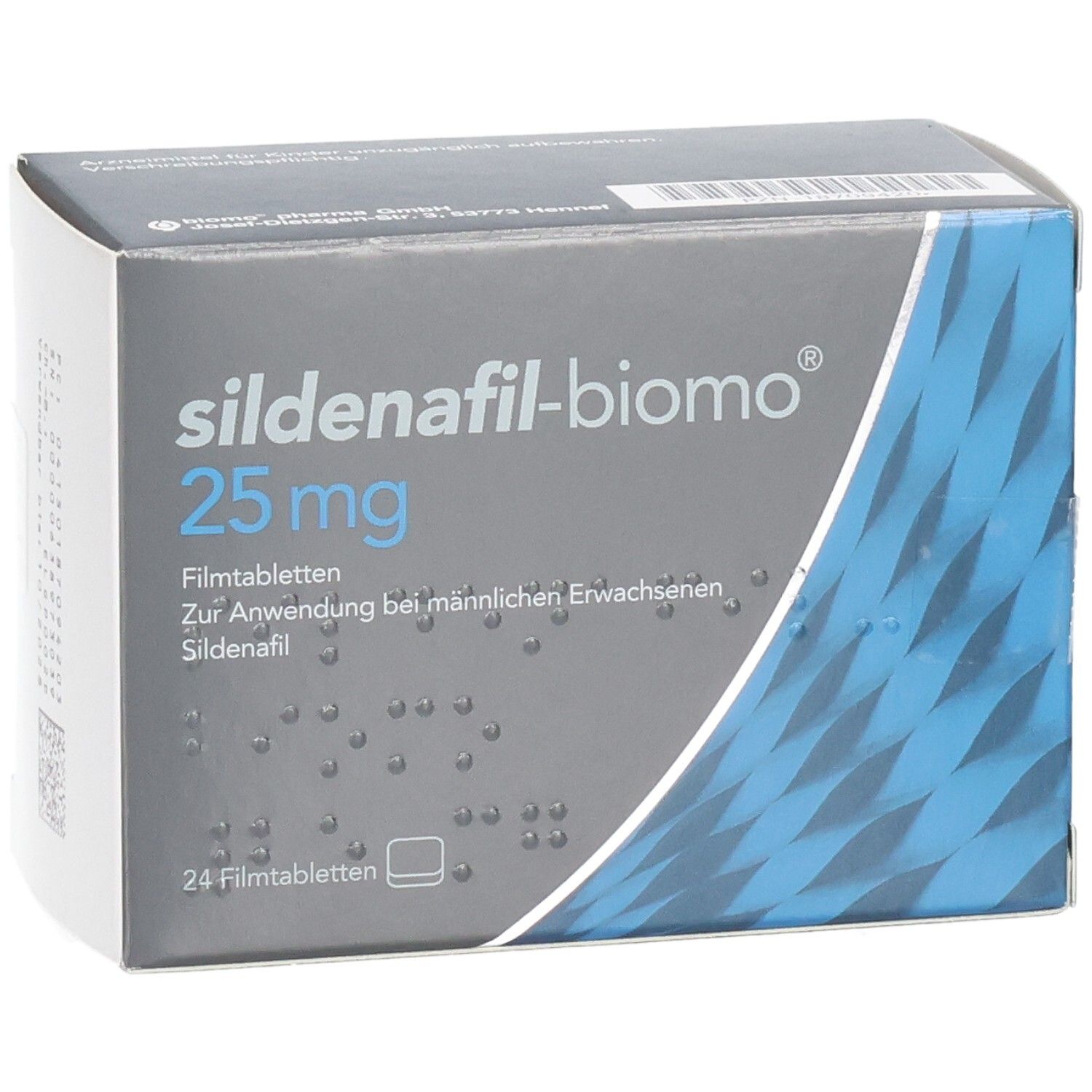 Schachtel SILDENAFIL-biomo 25 mg. Graue und blaue Verpackung. Schriftzug und Dosierung deutlich sichtbar.
