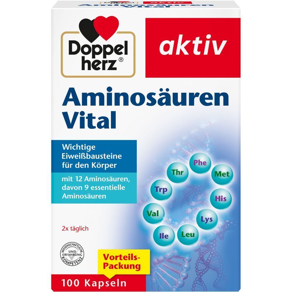 Verpackung von Aminosäuren Vital Kapseln. Weiß, mit Logo, Produktname und Inhaltsangaben. 100 Kapseln. Mit Qualitätszeichen.