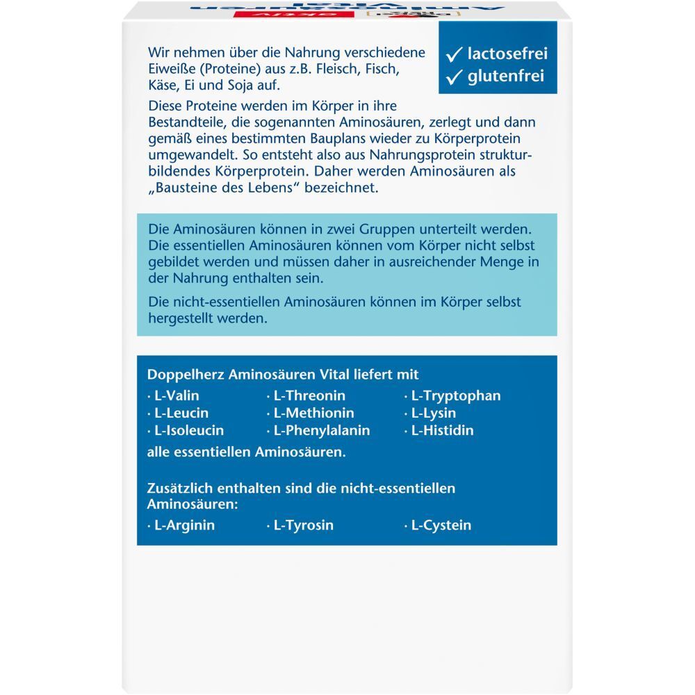 Rückseite der Verpackung von Aminosäuren Vital Kapseln. Text über Proteine und Aminosäuren. Enthält Informationen zu Inhaltsstoffen.