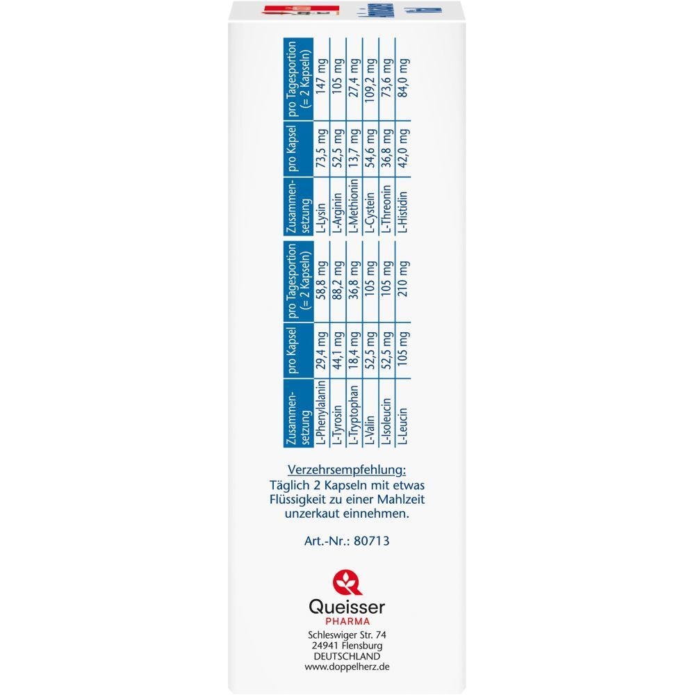Seite der Verpackung von Aminosäuren Vital Kapseln. Enthält Nährwertangaben pro Kapsel und pro Tagesportion. Mit Dosierungsempfehlung.