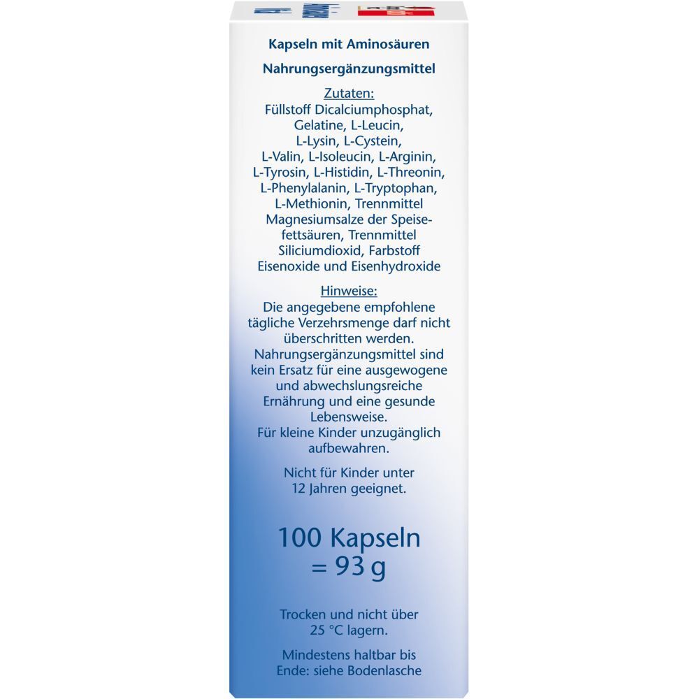 Seite der Verpackung von Aminosäuren Vital Kapseln. Enthält Zutatenliste, Warnhinweise und Mengenangaben. 100 Kapseln = 93 g.