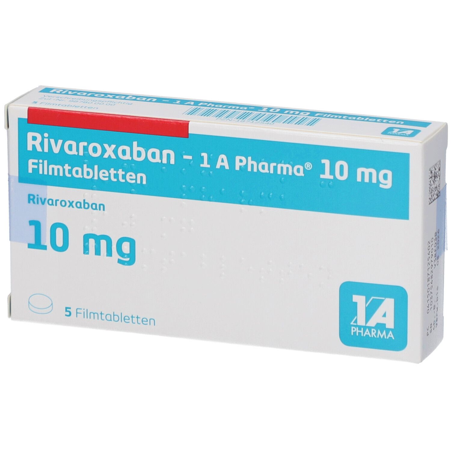 Schachtel mit RIVAROXABAN-1A Pharma 10 mg Filmtabletten. Blaue und weiße Verpackung mit Produktnamen und Dosierung. 5 Filmtabletten.