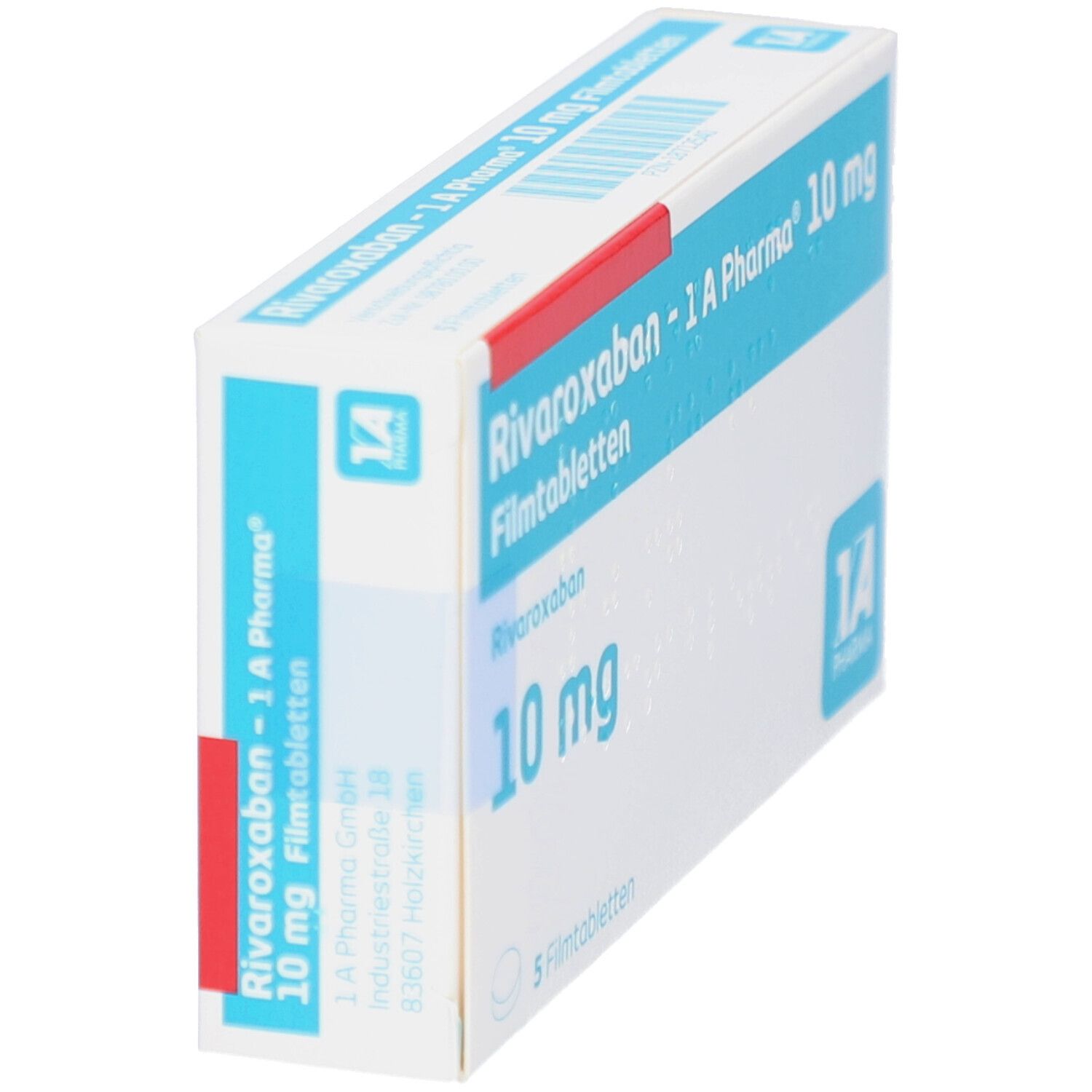 Schachtel RIVAROXABAN-1A Pharma 10 mg Filmtabletten, perspektivisch. Blaue und weiße Verpackung mit Produktnamen und Dosierung. 5 Filmtabletten.