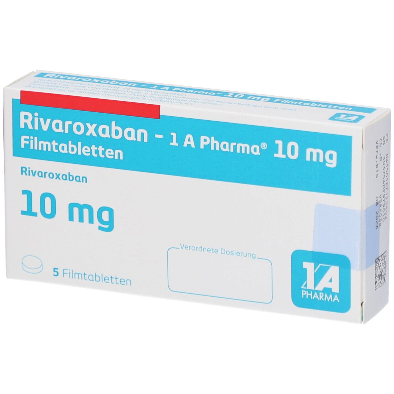 Schachtel mit RIVAROXABAN-1A Pharma 10 mg Filmtabletten. Blaue und weiße Verpackung mit Produktnamen und Dosierung. 5 Filmtabletten.