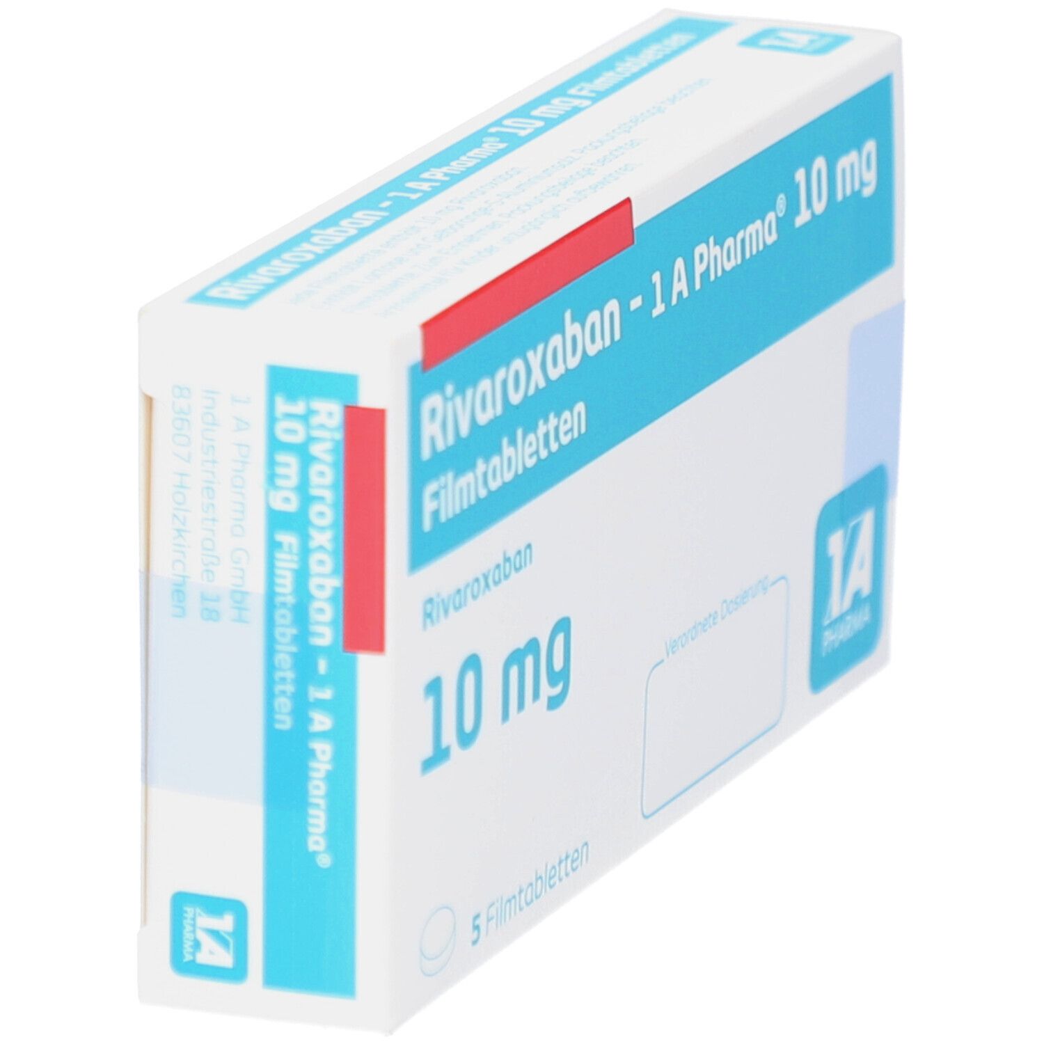 Schachtel RIVAROXABAN-1A Pharma 10 mg Filmtabletten, perspektivisch. Blaue und weiße Verpackung mit Produktnamen und Dosierung. 5 Filmtabletten.