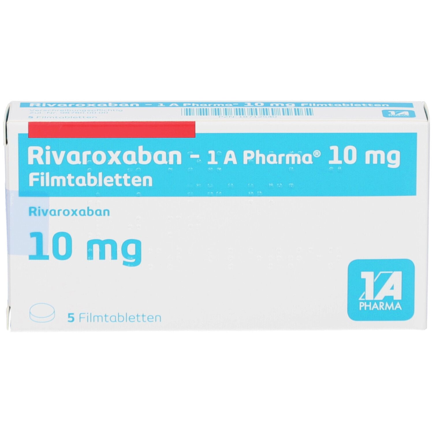 Schachtel mit RIVAROXABAN-1A Pharma 10 mg Filmtabletten. Blaue und weiße Verpackung mit Produktnamen und Dosierung. 5 Filmtabletten.