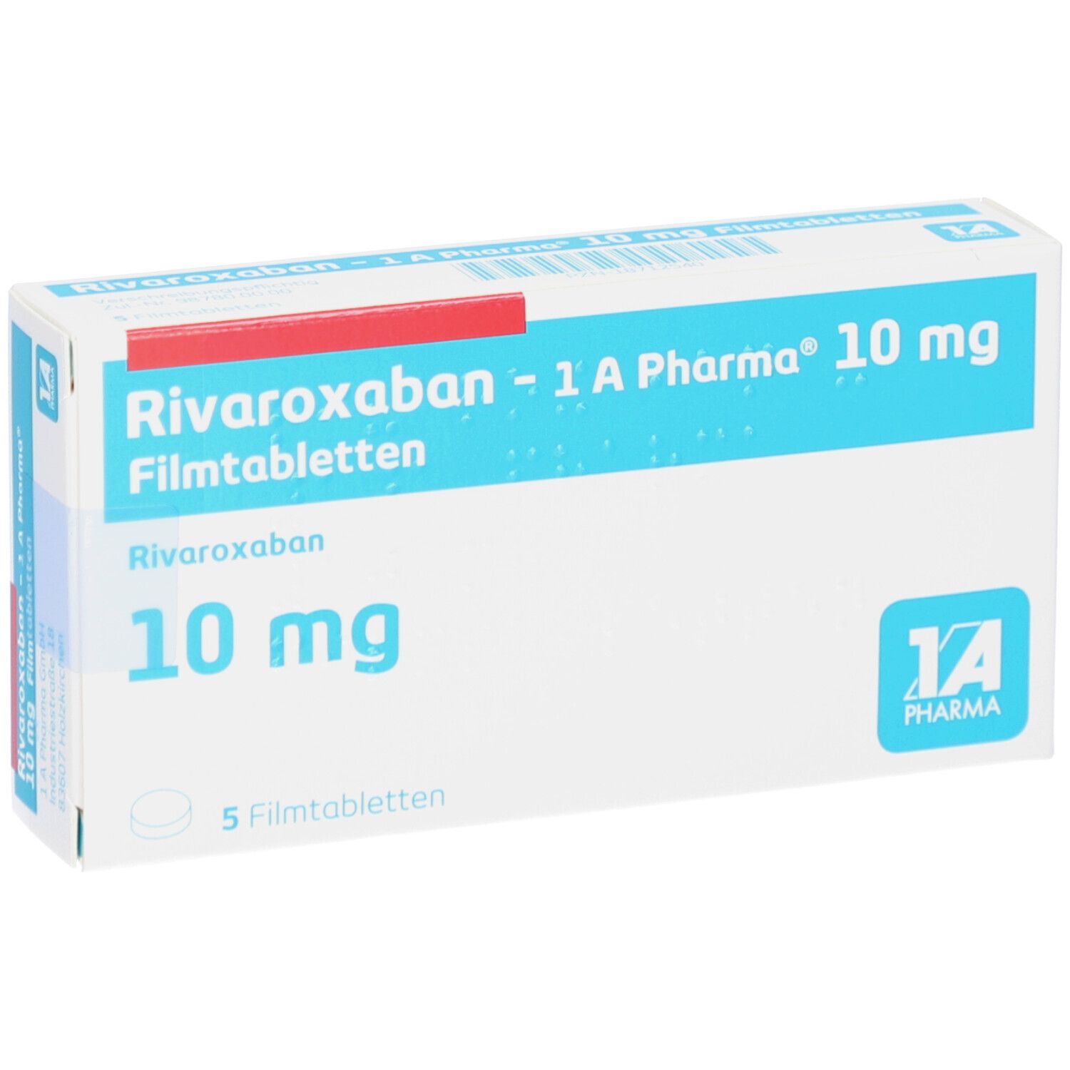 Schachtel mit RIVAROXABAN-1A Pharma 10 mg Filmtabletten. Blaue und weiße Verpackung mit Produktnamen und Dosierung. 5 Filmtabletten.