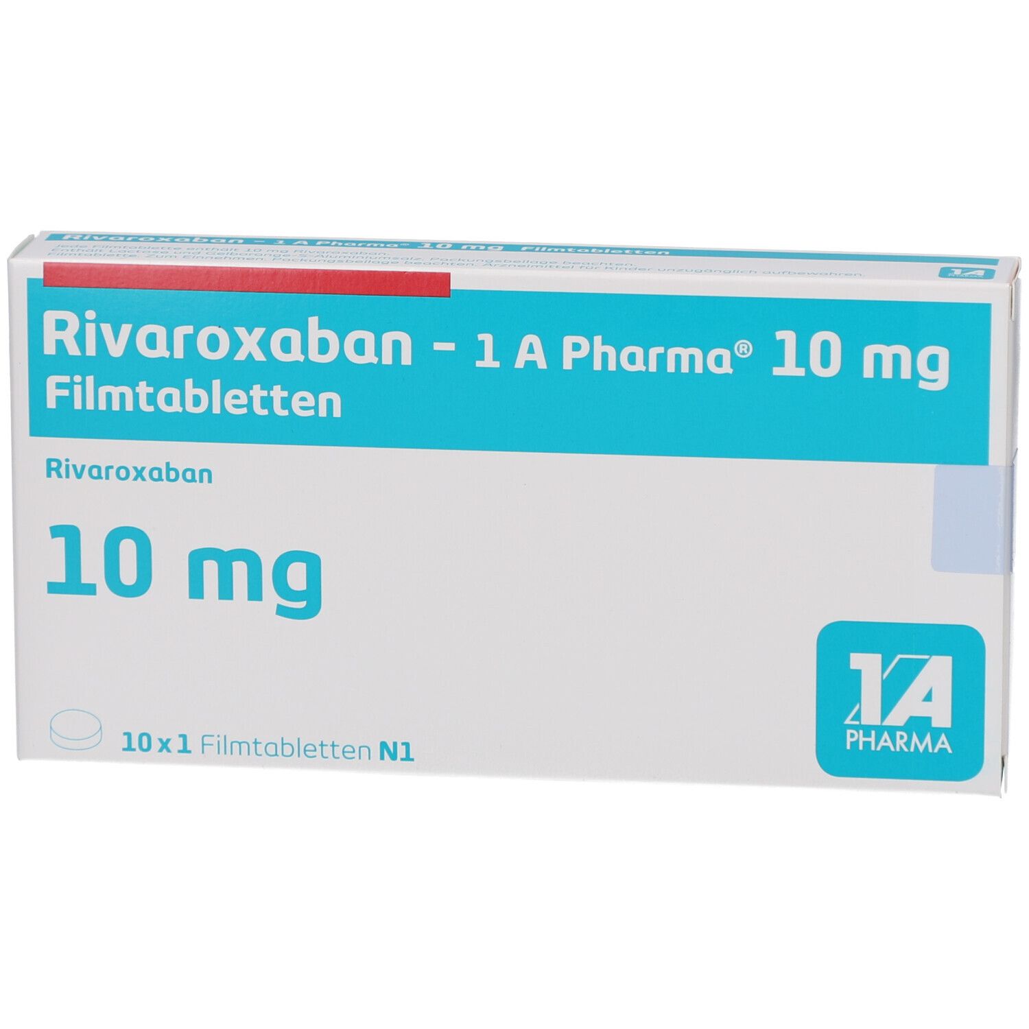 Schachtel mit "Rivaroxaban - 1 A Pharma 10 mg Filmtabletten". Blaue und weiße Verpackung. Text: 10 mg, 10x1 Filmtabletten N1. Logo: 1A Pharma.