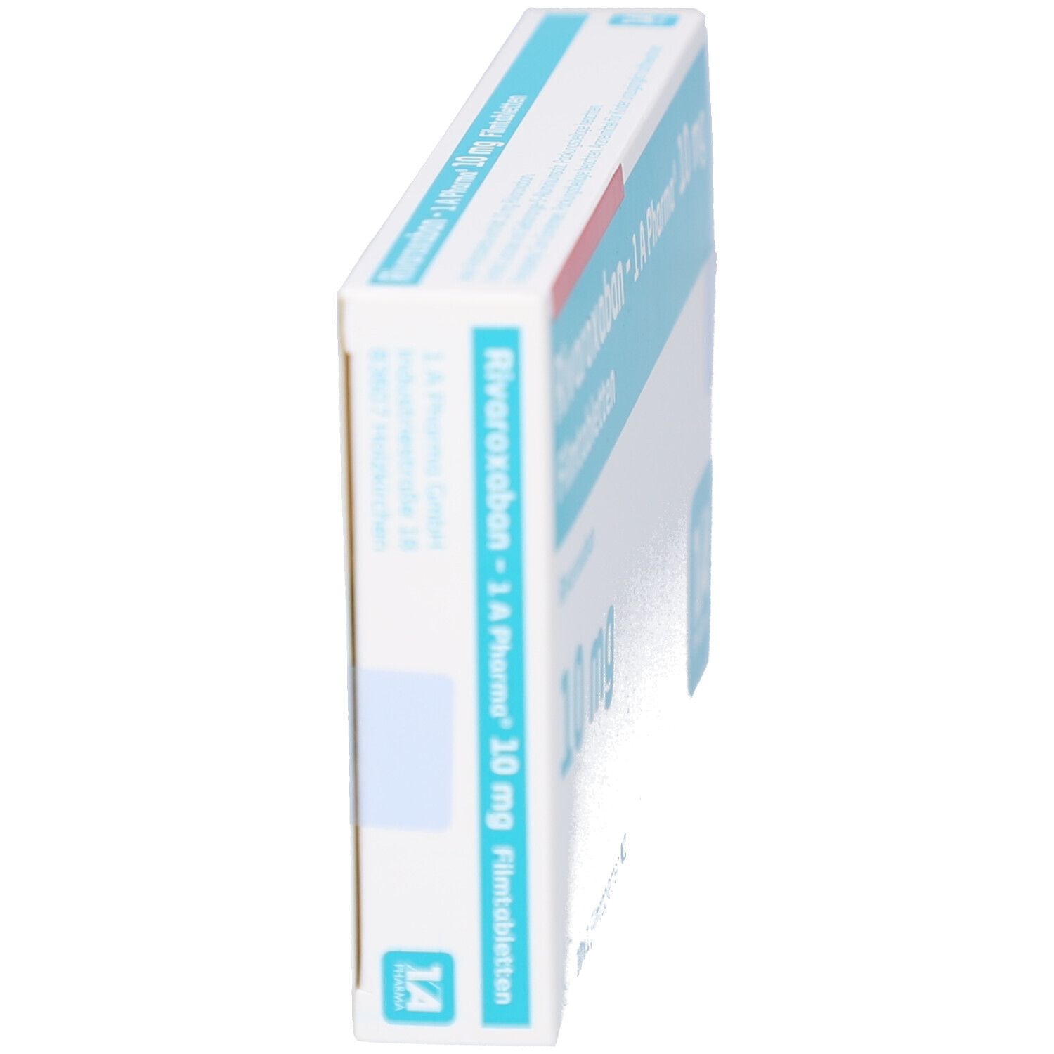 Seitenansicht der Schachtel "Rivaroxaban - 1 A Pharma 10 mg Filmtabletten". Blaue und weiße Verpackung. Text: 10 mg. Logo: 1A Pharma.