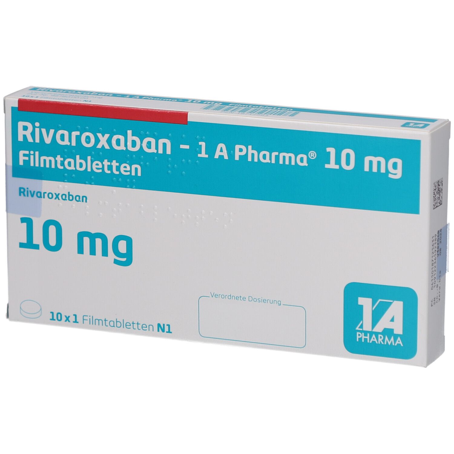 Schachtel "Rivaroxaban - 1 A Pharma 10 mg Filmtabletten". Blaue und weiße Verpackung. Text: 10 mg, 10x1 Filmtabletten N1. Logo: 1A Pharma.