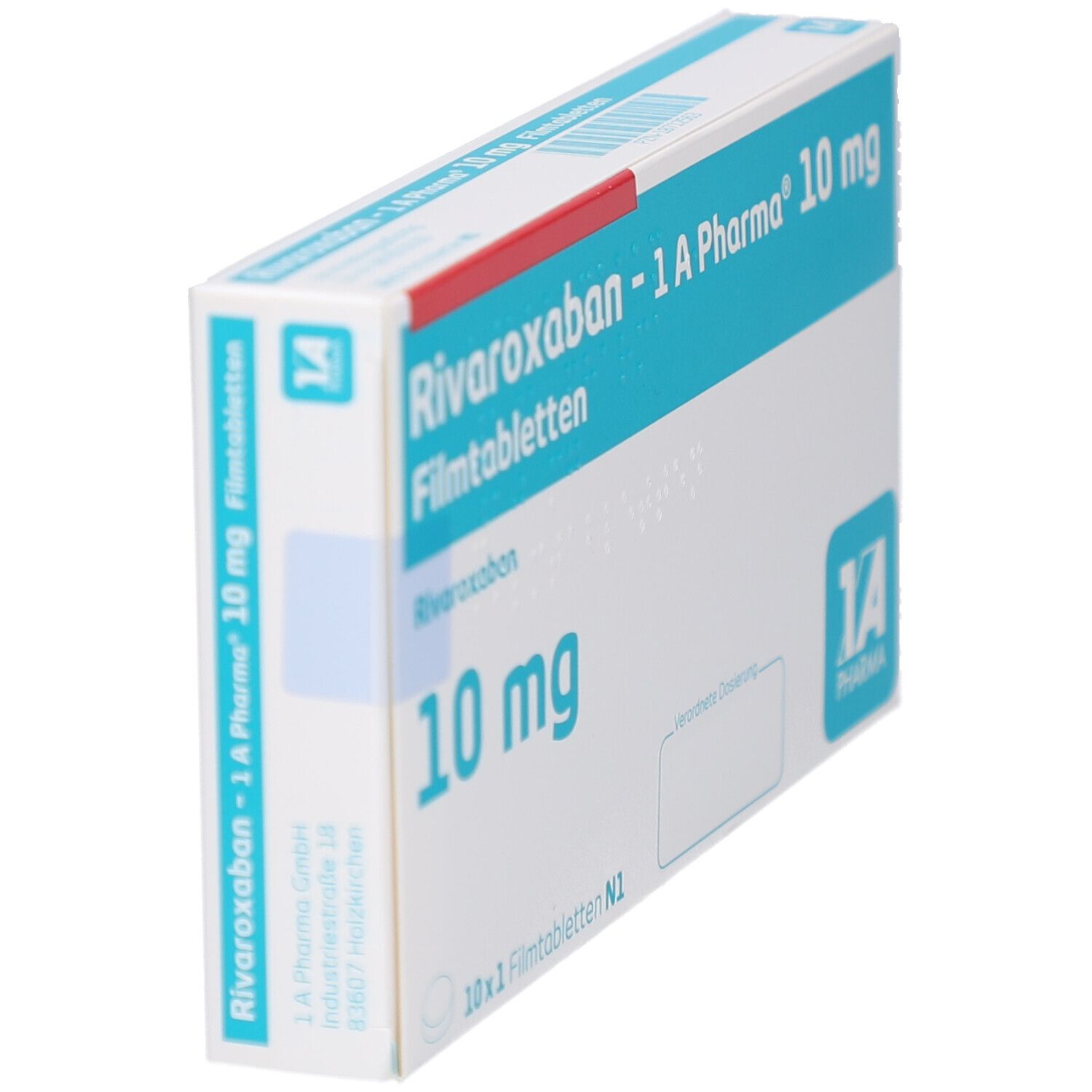 Schachtel "Rivaroxaban - 1 A Pharma 10 mg Filmtabletten". Blaue und weiße Verpackung. Text: 10 mg. Logo: 1A Pharma.