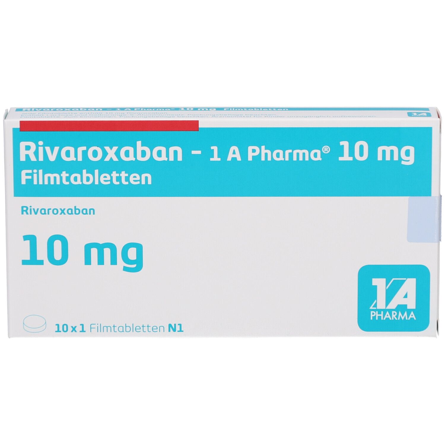 Schachtel "Rivaroxaban - 1 A Pharma 10 mg Filmtabletten". Blaue und weiße Verpackung. Text: 10 mg, 10x1 Filmtabletten N1. Logo: 1A Pharma.