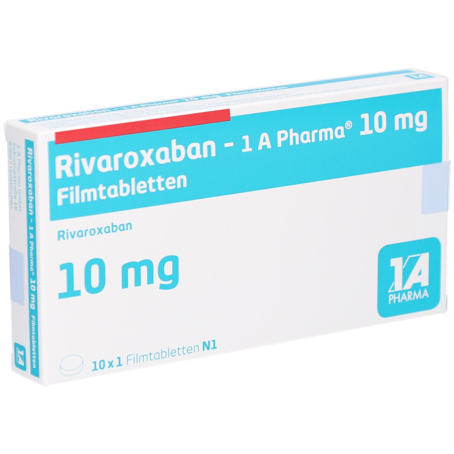 Schachtel "Rivaroxaban - 1 A Pharma 10 mg Filmtabletten". Blaue und weiße Verpackung. Text: 10 mg, 10x1 Filmtabletten N1. Logo: 1A Pharma.