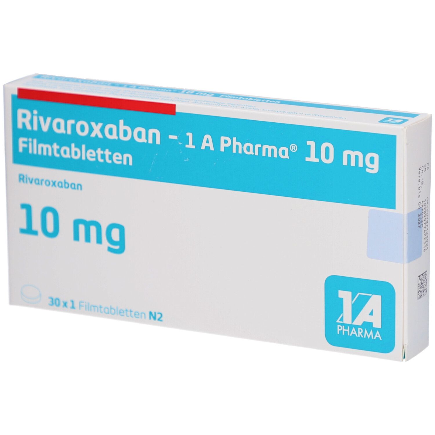 Schachtel mit "Rivaroxaban - 1 A Pharma 10 mg Filmtabletten". Blaue und rote Akzente. 10 mg Schriftzug. 30 x 1 Filmtabletten N2.